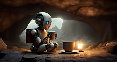 robot-thinking-sitting-in-cave-drinking-from-cup-low-res